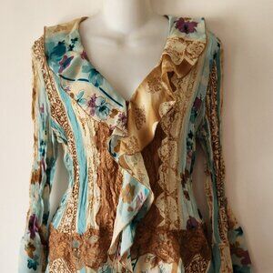 Sunny Taylor blouse sz PL mixed print lace blue brown beige good condition